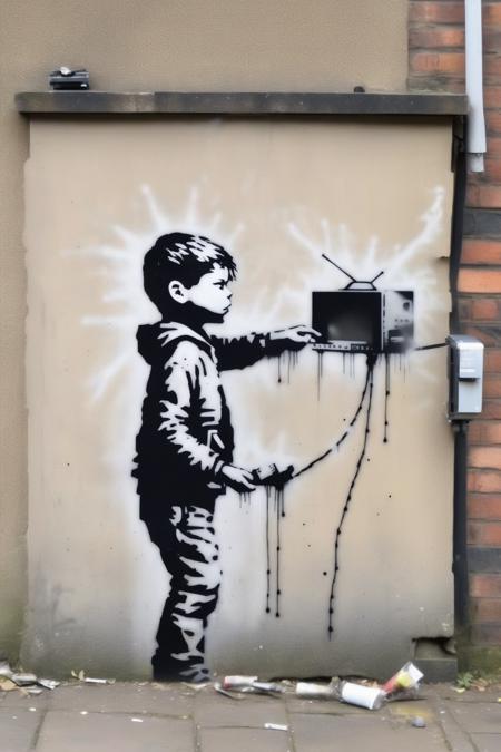 00118-1854609722-_lora_Banksy Style_1_Banksy Style - banksy stencil of young boy placing dynamite into television screen.png